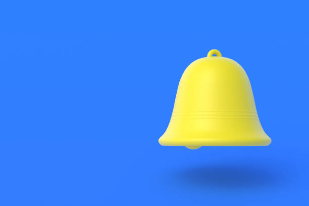 istock Old bell of yellow color on blue background. Copy space. 3d render 1334136468