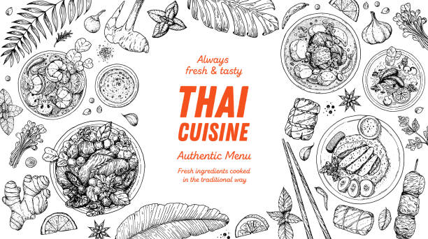 ภาพประกอบสต็อกที่เกี่ยวกับ “ภาพประกอบเวกเตอร์มุมมองด้านบนอาหารไทย แม่แบบการออกแบบเมนูอาหาร ภาพร่างที่วาดด้วยมือ เมน� - อาหารไทย”
