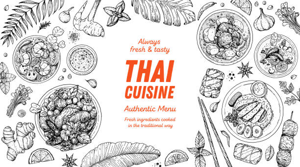 Thai food top view vector illustration. Food menu design template. Hand drawn sketch. Thai food menu. Vintage style. Thai food top view vector illustration. Food menu design template. Hand drawn sketch. Thai food menu. Vintage style asian food stock illustrations