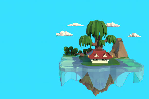 istock 3D illustrator small house by the river. 3d rendering Low Polygon Geometry. Lowpoly Minimal Style Art. 1334139166