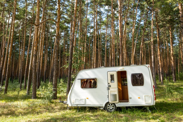 istock Small mobile house with open window and door standing among trees 1334140132