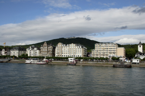 Boat tour on the river Rhine with view of the town of \