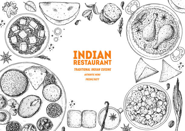 stockillustraties, clipart, cartoons en iconen met indian food illustration. hand drawn sketch. vector illustration. menu background. - bistrosetje van boven