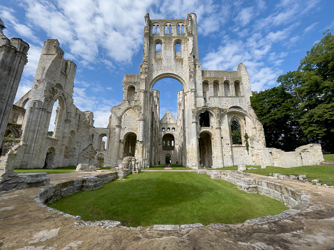 Ruin of medieval benedictine abbey and church of Jumieges in France, Normandy