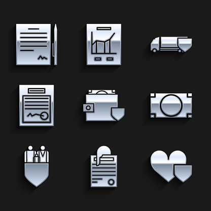 Set Wallet and money with shield File document paper clip Heart Stacks cash Family insurance Filled form Delivery cargo truck and Contract pen icon. Vector.