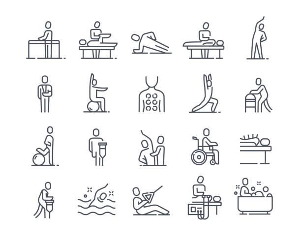 stockillustraties, clipart, cartoons en iconen met set of linear essential icons of physiotherapy on white background - alternatieve therapie