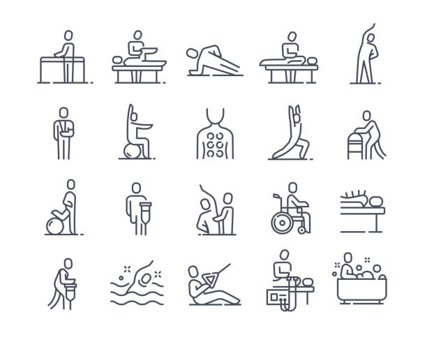 ilustrações, clipart, desenhos animados e ícones de conjunto de ícones essenciais lineares da fisioterapia em fundo branco - fisioterapia