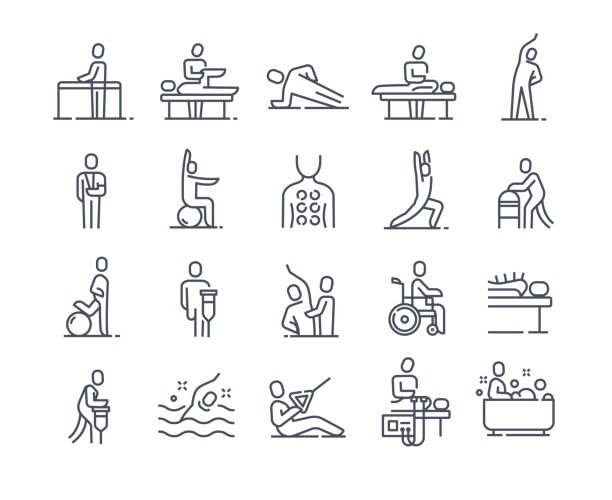 Set of linear essential icons of physiotherapy on white background Set of linear essential icons of physiotherapy on white background. Concept of massotherapy and acupuncture, exercise, rehabilitation. Healthcare and medicine. Flat cartoon vector illustration therapy stock illustrations