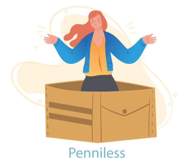 Unhappy female character is standing in an empty box with no money left on white background Unhappy female character is standing in an empty box with no money left on white background. Young woman feeling miserable to be broke. Concept of poverty and misery. Flat cartoon vector illustration money shortage stock illustrations