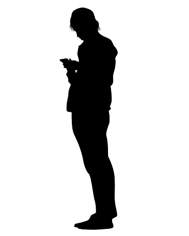 Young woman holds smartphone in her hand. Isolated silhouettes of people on a white background