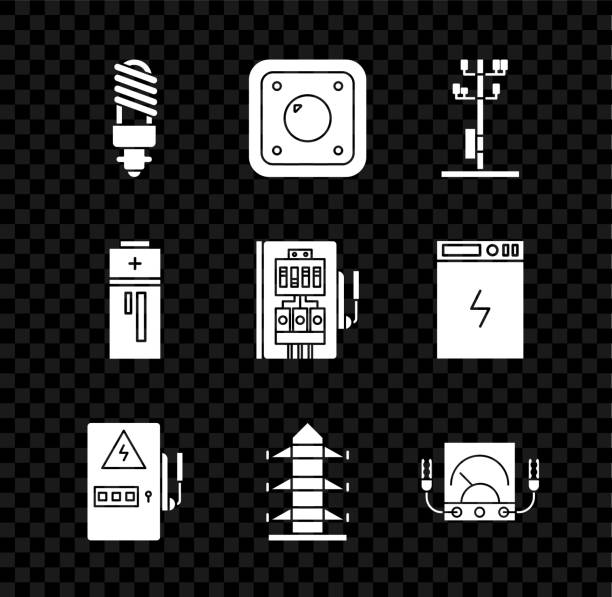 illustrations, cliparts, dessins animés et icônes de réglez l’ampoule led, commutateur électrique, ligne de poteau de puissance haute tension, panneau électrique, ampèremètre, multimètre, voltmètre, batterie et icône. vecteur - digital voltmeter