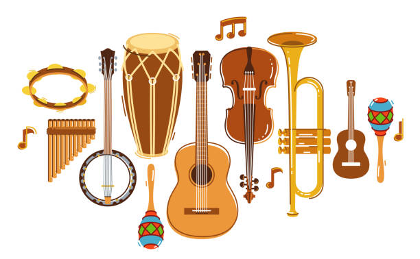 Latin music band salsa vector flat illustration isolated over white background, live sound festival concert or night dancing party, Brazil or Cuban musical fiesta theme. Latin music band salsa vector flat illustration isolated over white background, live sound festival concert or night dancing party, Brazil or Cuban musical fiesta theme. rattle drum stock illustrations