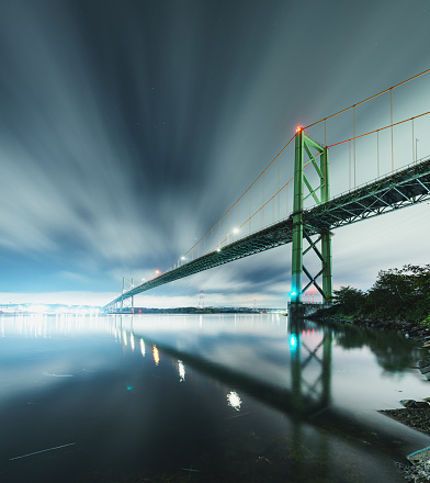 A suspension bridge at night. Long exposure.