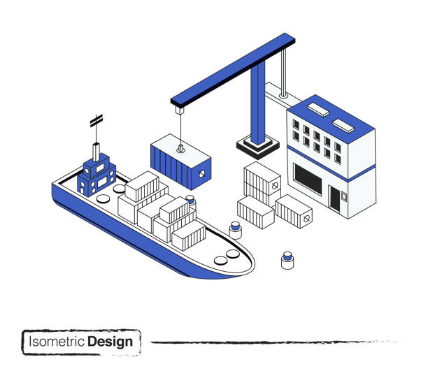 등색 설계 화물 운송 및 물류 현대 평면 설계 개념. - commercial dock global finance container harbor stock illustrations