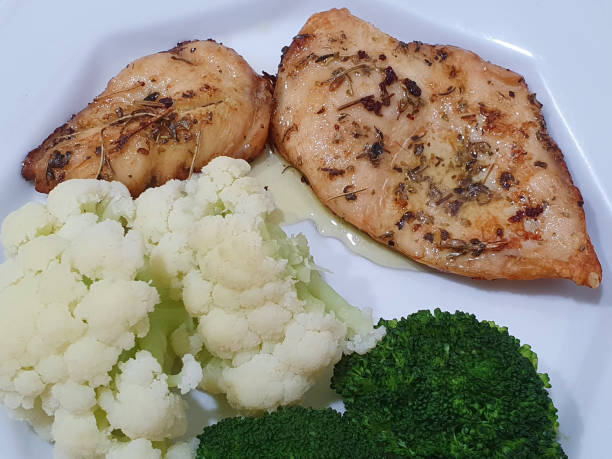 Grilled chicken breast with broccoli and cauliflower