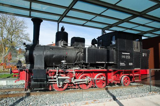 Regensburg, Bavaria, Germany - 11.11.2014: Vintage steam locomotive. Monument in the city.