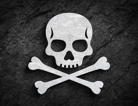 Human skull icon with crossbones poison and jolly roger symbol on dark stone wall background