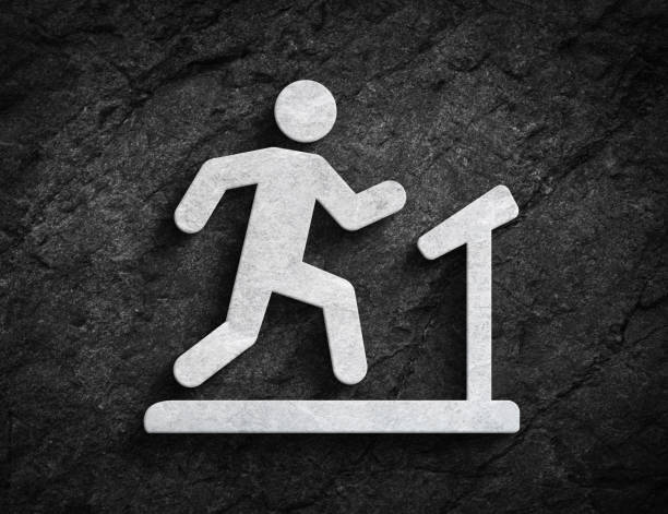 White treadmill symbol and gym running and fitness training symbol on dark stone wall background