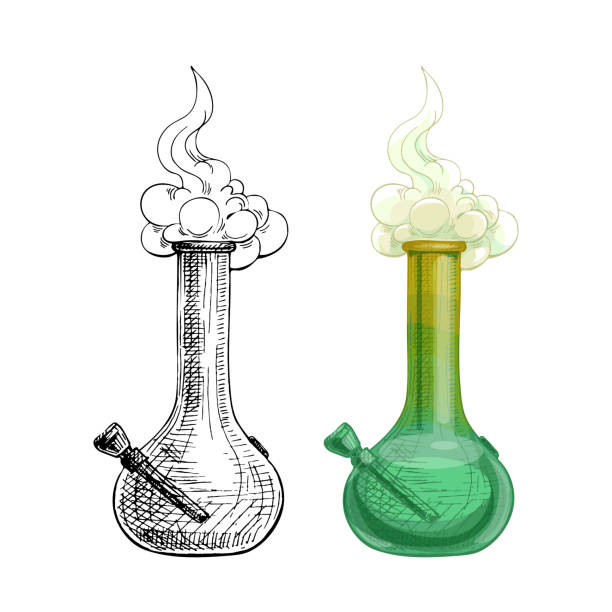 Bong with smoke. Vintage vector hatching hand drawn illustration Bong with smoke. Hand drawn design element. Vintage vector hatching color hand drawn illustration isolated on white background bong stock illustrations