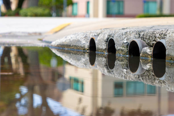 Storm drain pipe openings under city sidewalk with a still brown puddle of water following a rain storm.