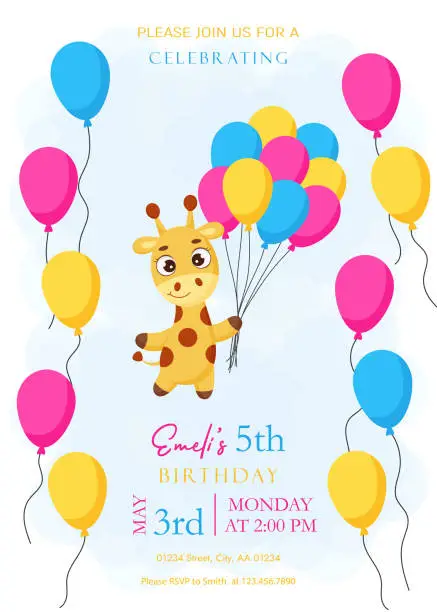 Vector illustration of Event template with cute little giraffe flying on balloons. Happy Birthday printable party invitation card template. Bright colored stock vector illustration