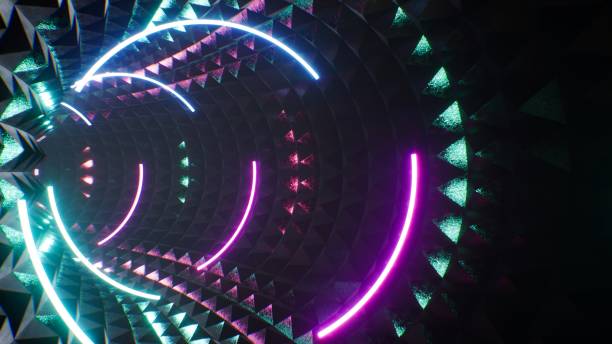 istock Curved Neon Light Pyramid Tiled VJ Tunnel 3D Rendering 1334183856