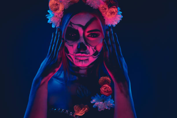 istock Spooky female in floral wreath 1334184929