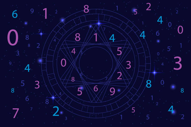 kuvapankkikuvitukset aiheesta astrologia- ja numerologian käsite, jossa on eläinradan merkkejä ja numeroita tähtitaivaan yli - calculator backgrounds