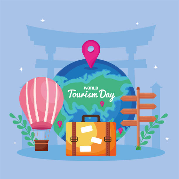 tourism day card tourism day card with planet World Tourism Day stock illustrations