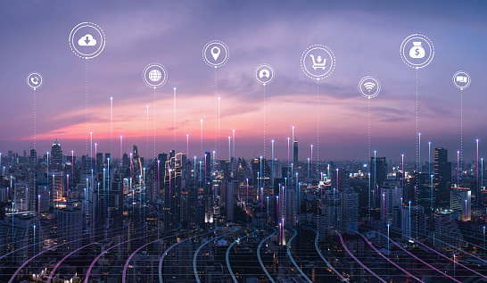 Smart city dot point connect with gradient grid line, internet of things connection technology icon concept. Night city with big data.