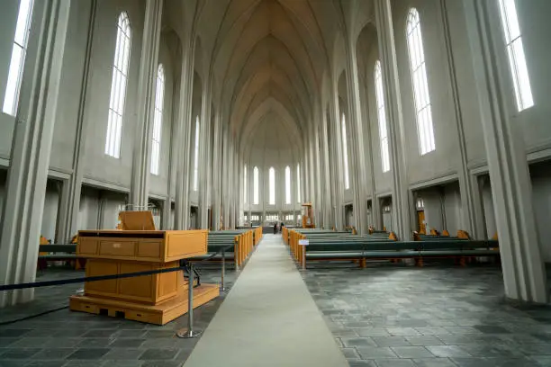 Inside the new, modern, 75 m high, Hallgrímskirkja church in Reykjavík, Iceland.