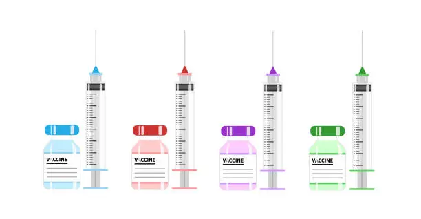 Vector illustration of Vaccine vial with empty syringe of 4 vaccine type