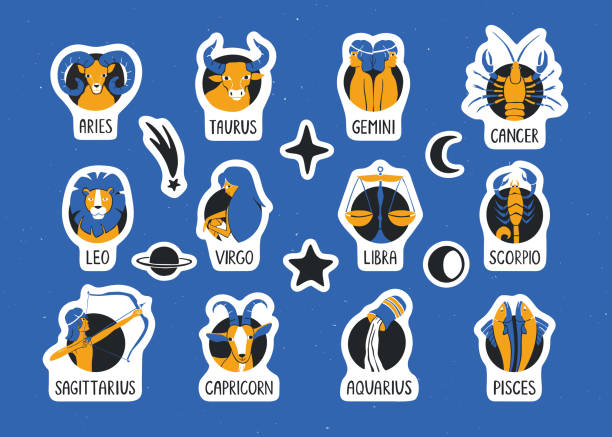 Zodiac signs sticker pack Zodiac signs sticker pack. Set of twelve astrological signs and elements with cutting outlines. Vector hand drawn illustration astrology sign stock illustrations