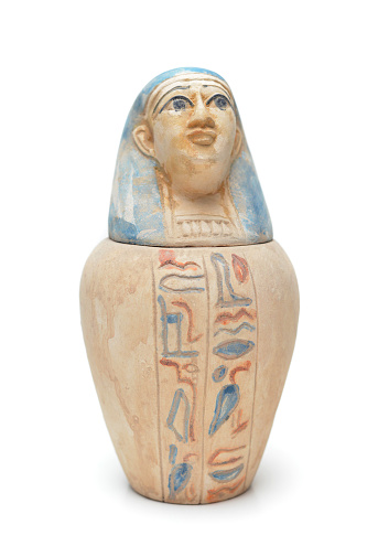 Closeup of a mass produced Canopic jar souvenir from Giza, Egypt in the shape of King Tut.