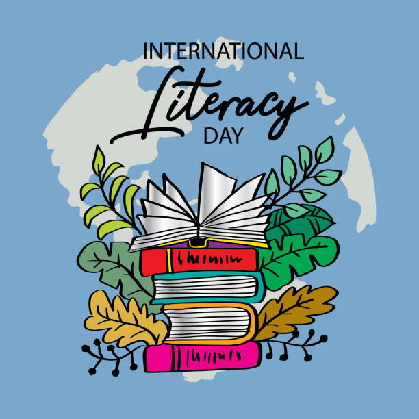 ilustraciones, imágenes clip art, dibujos animados e iconos de stock de día internacional de la alfabetización fondo con libros. - día internacional de la alfabetización