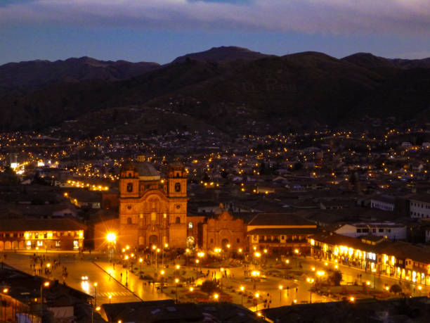 istock Illuminated night view of Plaza de Armas centered on the cathedral in Cusco, Peru 1334213143
