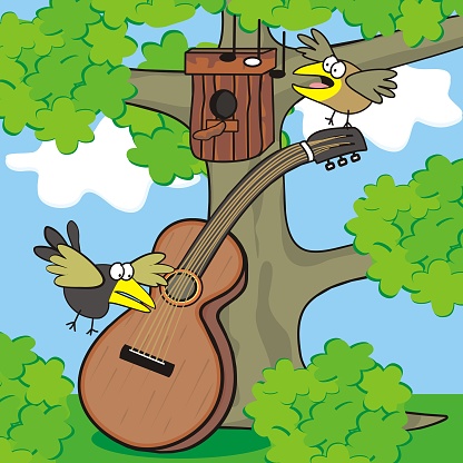 Guitar and birds, tree with bird house, vector illustration