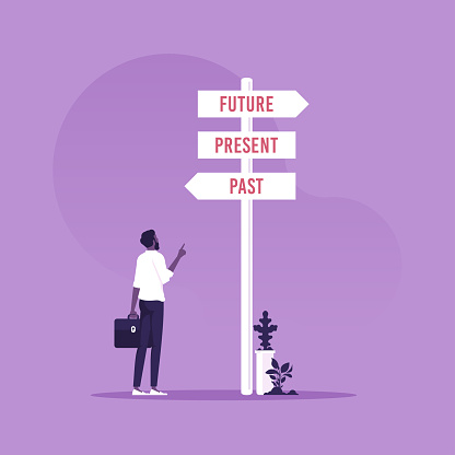 Businessman and a signpost arrows showing three different options, past, present and future course, Choose journey direction
