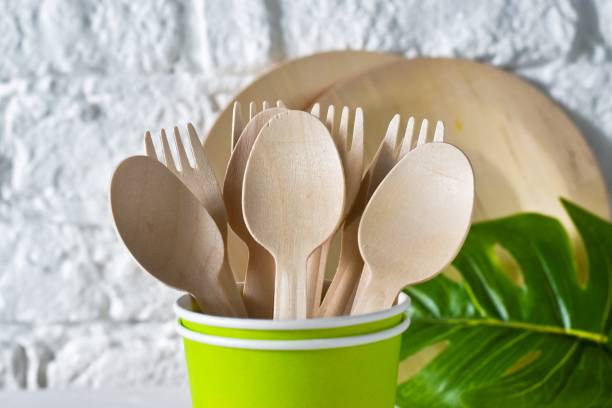istock Biodegradable, eco friendly tableware set with cutlery. Plates, forks, spoons, cups and knifes bamboo and a green leaves on a white wall background. Flat lay. Copy space. 1334221765