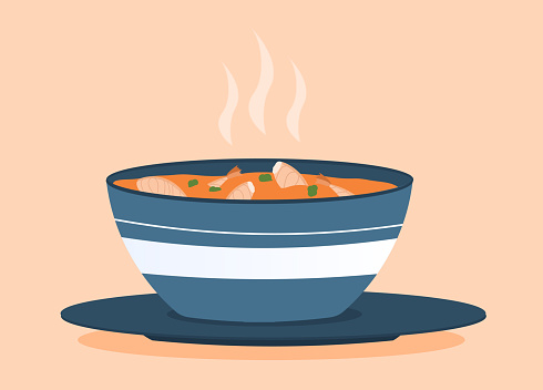 Cute colorful plate full of tom yam soup on pink background. Concept of traditional hot tasty thai foods with shrimp. Flat cartoon vector illustration