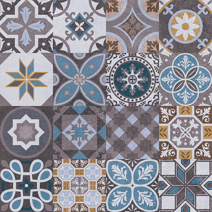 seamless motif tiles background in portuguese style. Blue and white mosaic pattern. Tiles for ceramic in dutch, portuguese, spanish, italian style.