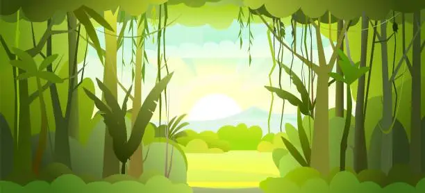 Vector illustration of Jungle illustration. Dense wild-growing tropical plants with tall, branched trunks. Rainforest landscape. Flat design. Cartoon style. Vector