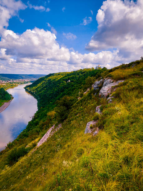 istock Large river flows in a green valley with wooded hills 1334231665