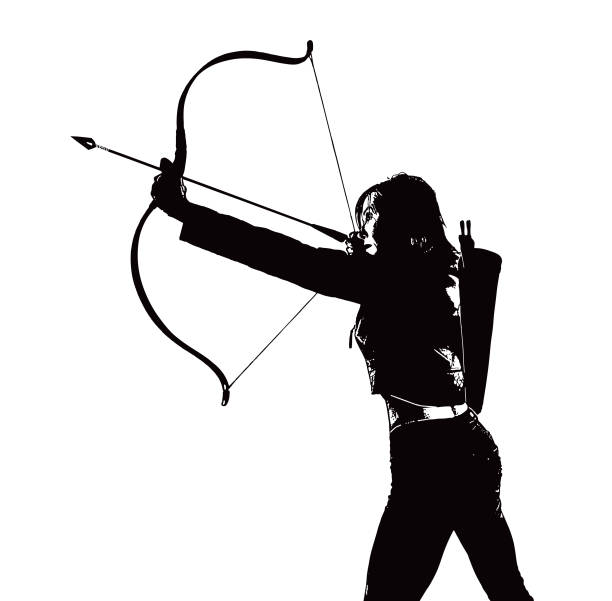 ilustrações de stock, clip art, desenhos animados e ícones de adult woman aiming bow and arrow - duotone aiming hunter bow and arrow