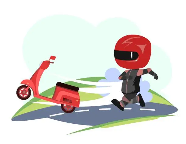 Vector illustration of Scooter driver. Biker Cartoon. Child illustration. Chase. In a sports uniform and a red helmet. Cool motorcyclist. Isolated on white background. Vector