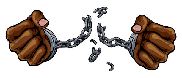 Hands Breaking Chain Shackles Cuffs Freedom Design Hands in fists breaking the chain of shackle cuffs freedom concept design emancipation proclamation stock illustrations