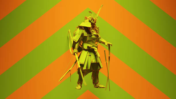 istock Green Orange Samurai Post-Punk Warrior with Green an Orange Chevron Background 1334238532