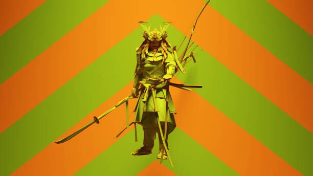 istock Green Orange Samurai Post-Punk Warrior with Green an Orange Chevron Background 1334238734