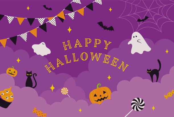 vector background with halloween illustrations for banners, cards, flyers, social media wallpapers, etc. vector background with halloween illustrations for banners, cards, flyers, social media wallpapers, etc. halloween stock illustrations
