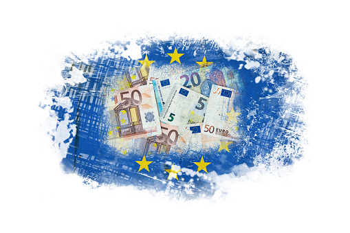 Euro banknotes on the background of the EU flag. Isolated on a white background. Business. Finance. Background.